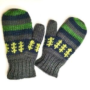 Cozy Dark Gray Knitted Mittens with Bright Green, Yellow and Navy Blue Stripes